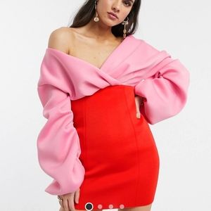 Fallen  shoulder pleated puff sleeve pencil mini dress